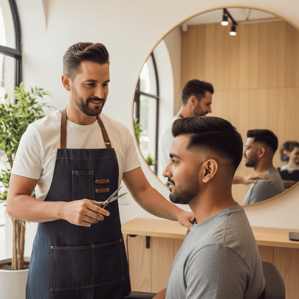 Client admiring fresh fade haircut in salon mirror