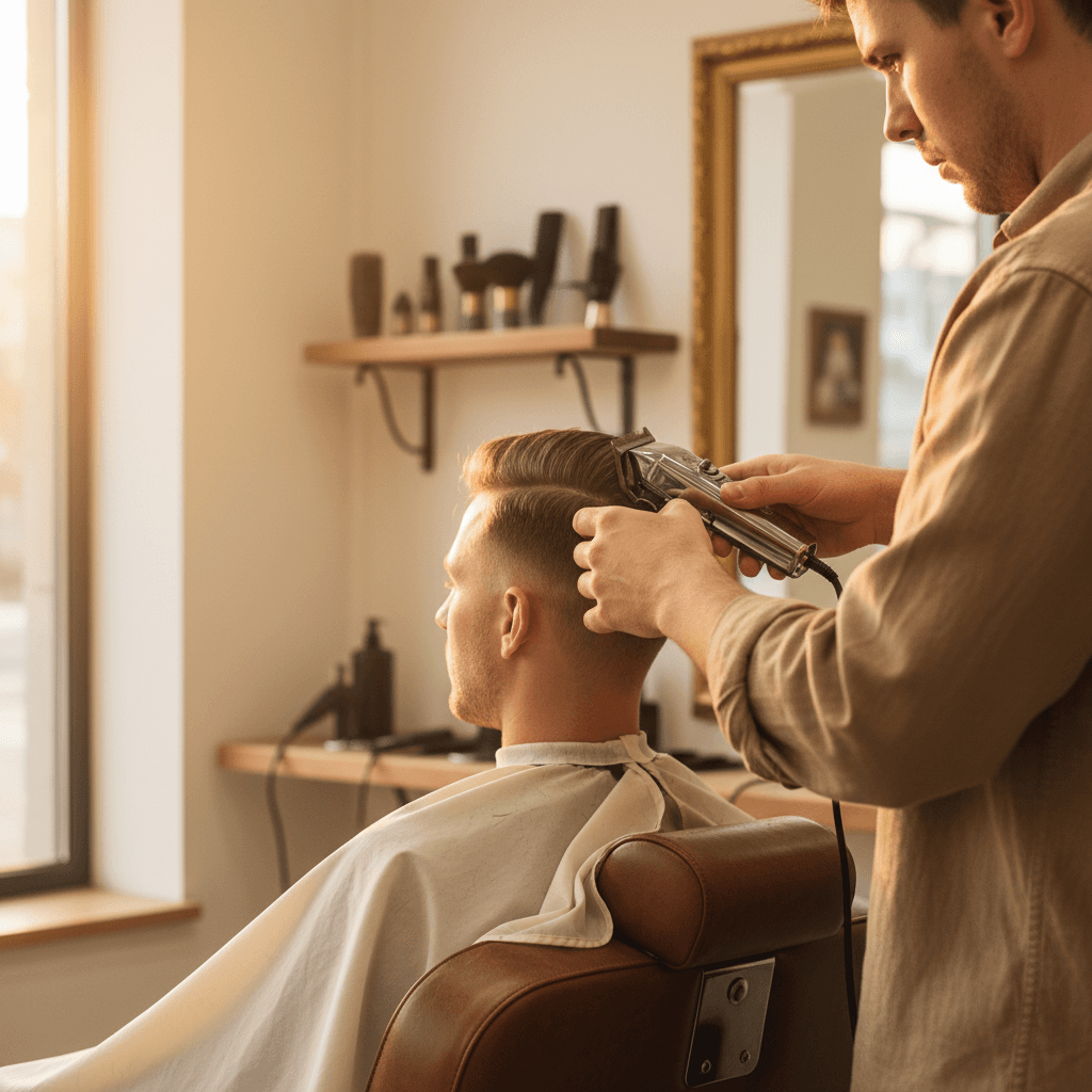 Professional barber cutting men's hair with precision