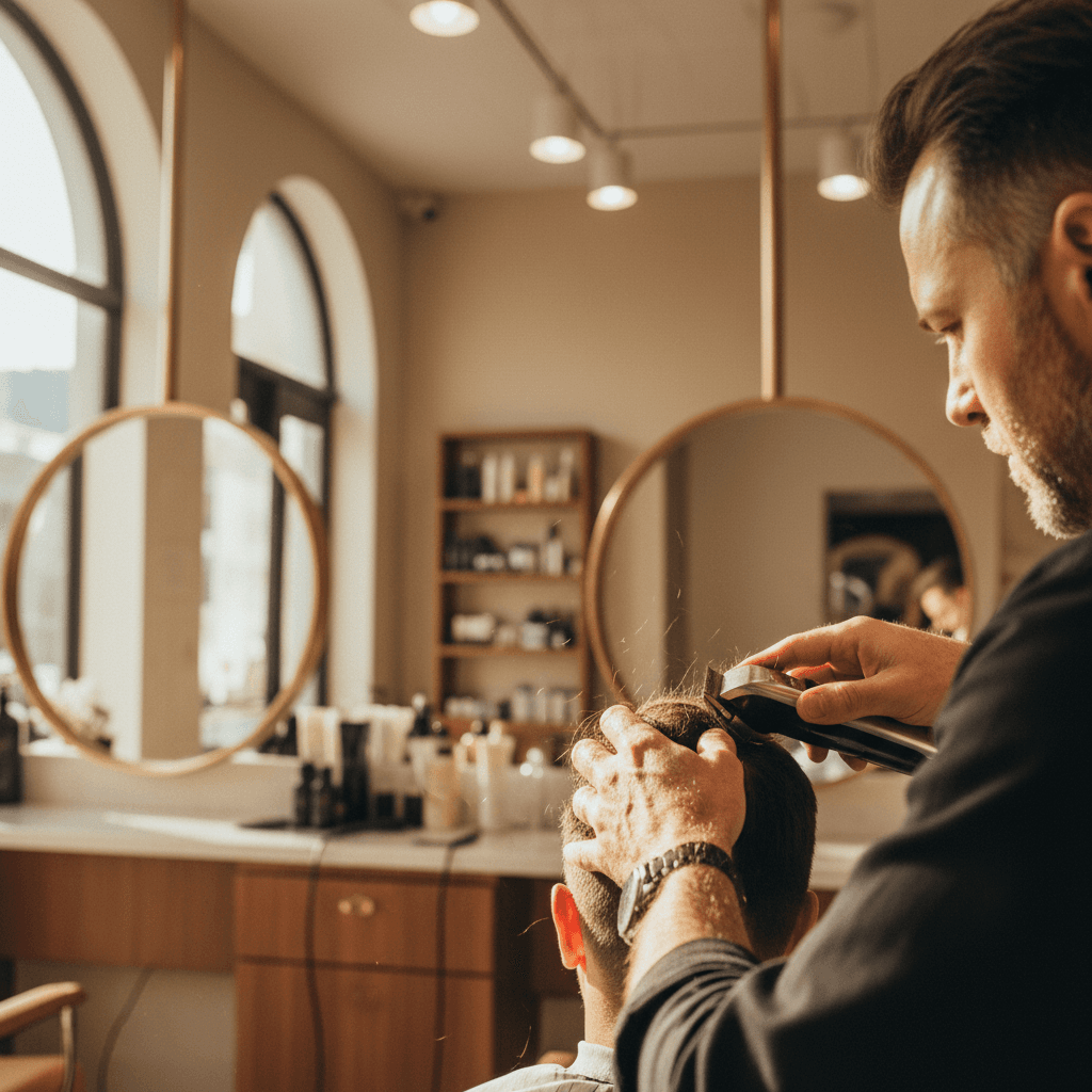 Professional barber executing precision haircut with clippers