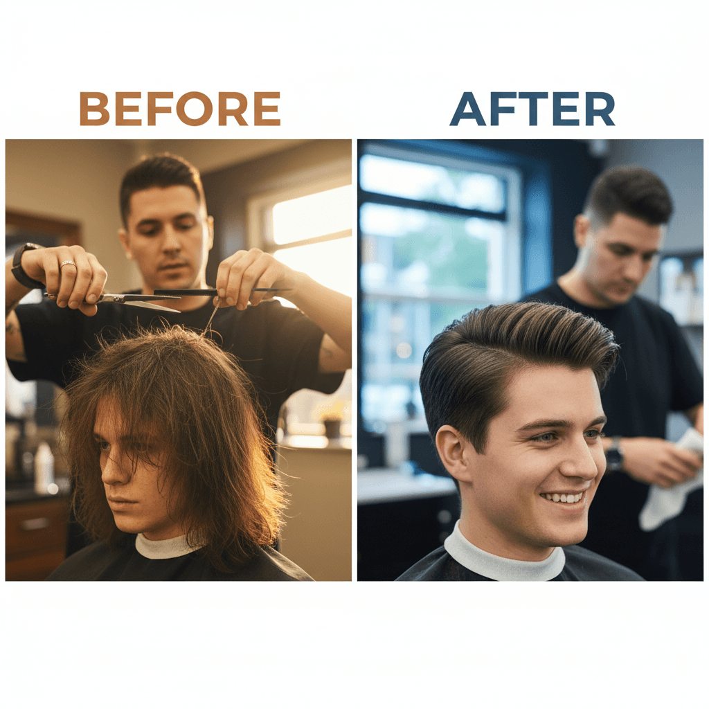 Before-and-after haircut transformation showing professional results