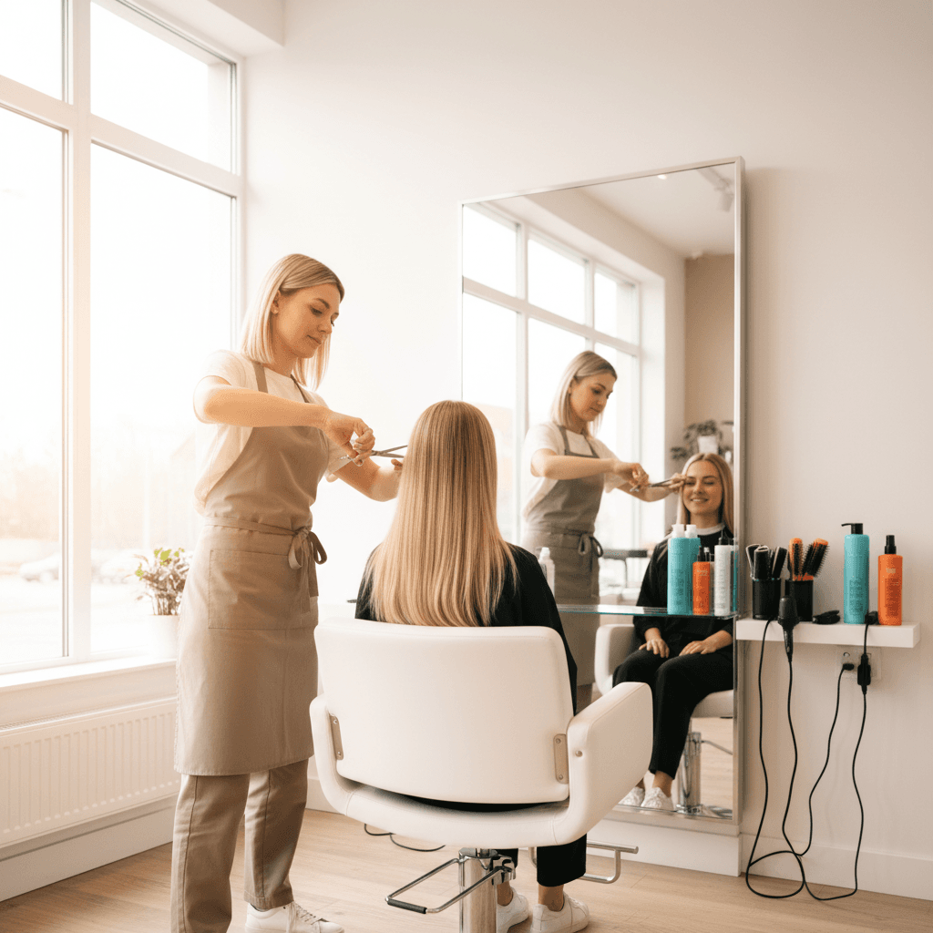 Stylist creating women's hairstyle with precision