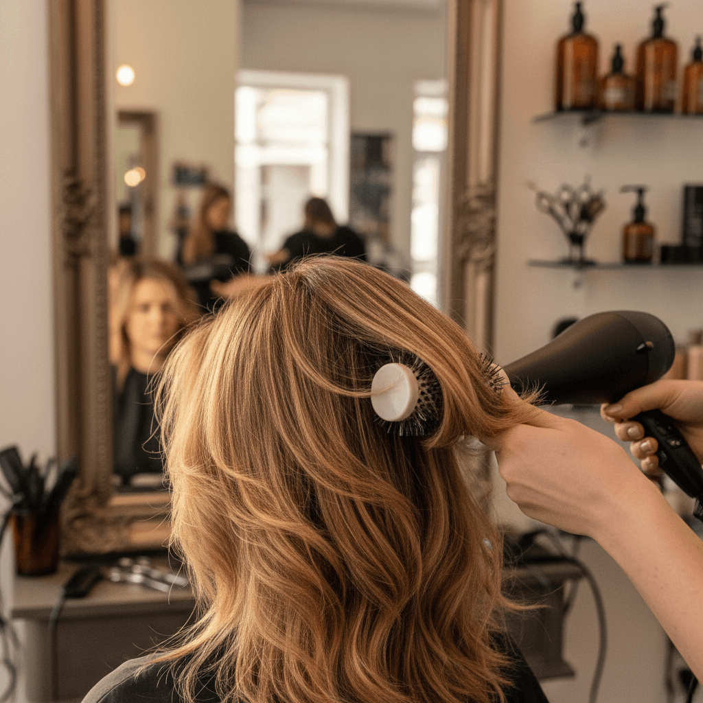 Women's layered cut being styled with precision