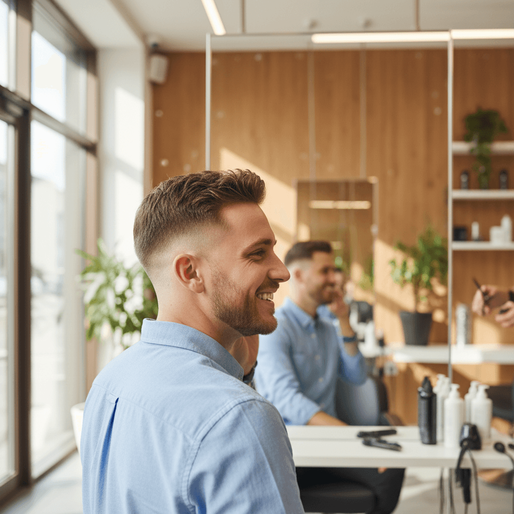 Happy customer admiring fresh haircut in mirror