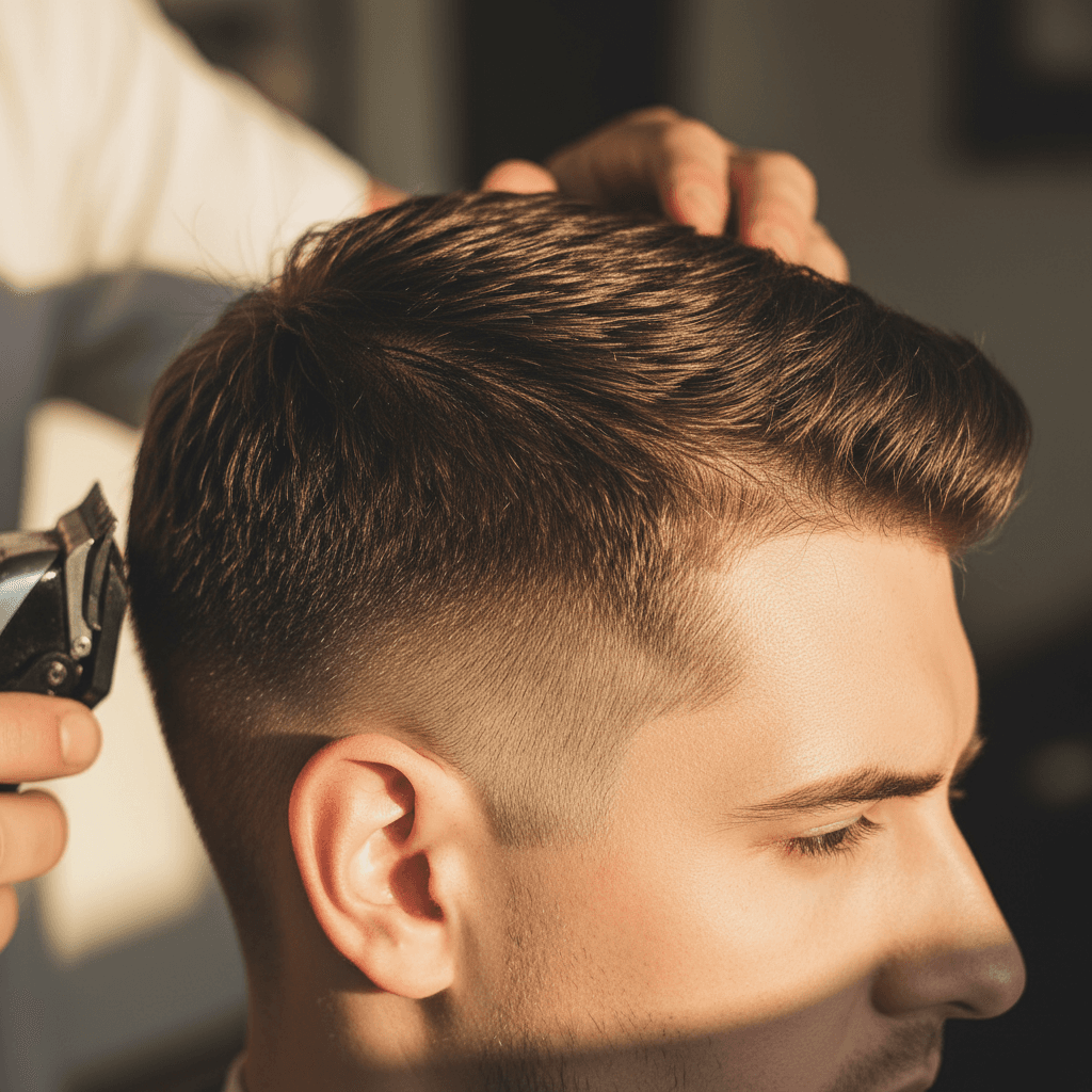 Professional men's fade haircut during cutting