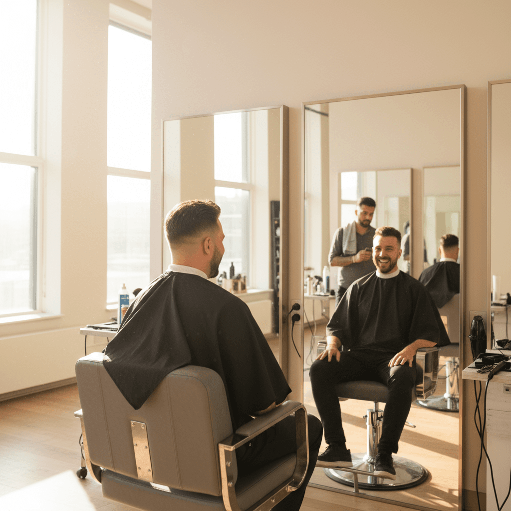 Client pleased with finished haircut in salon mirror