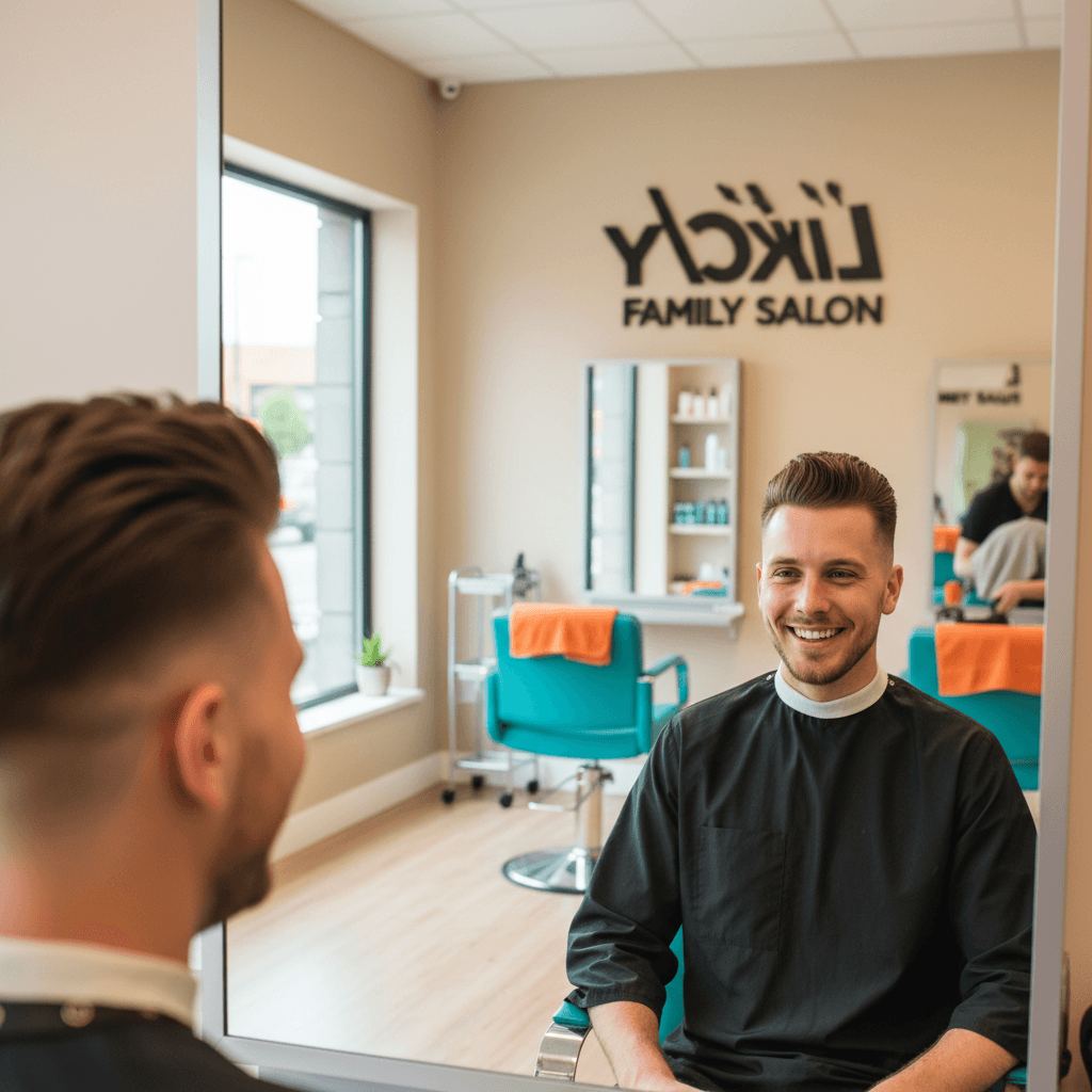Happy customer admiring fresh haircut