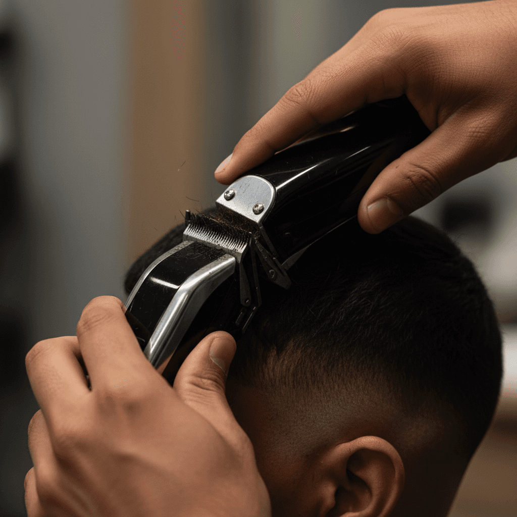 Barber performing precision hairline work with professional clippers