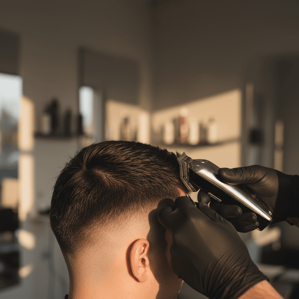 Modern fade haircut with precise line work