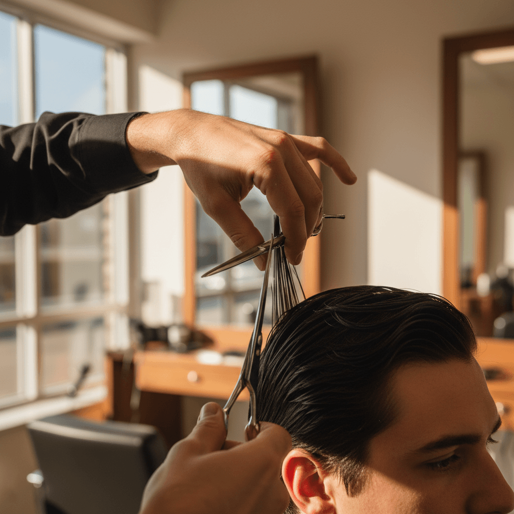 Professional barber cutting hair with precision