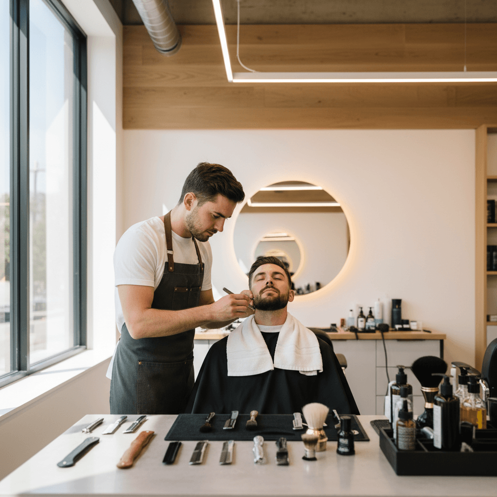 Skilled barber performing detailed beard grooming with straight razor