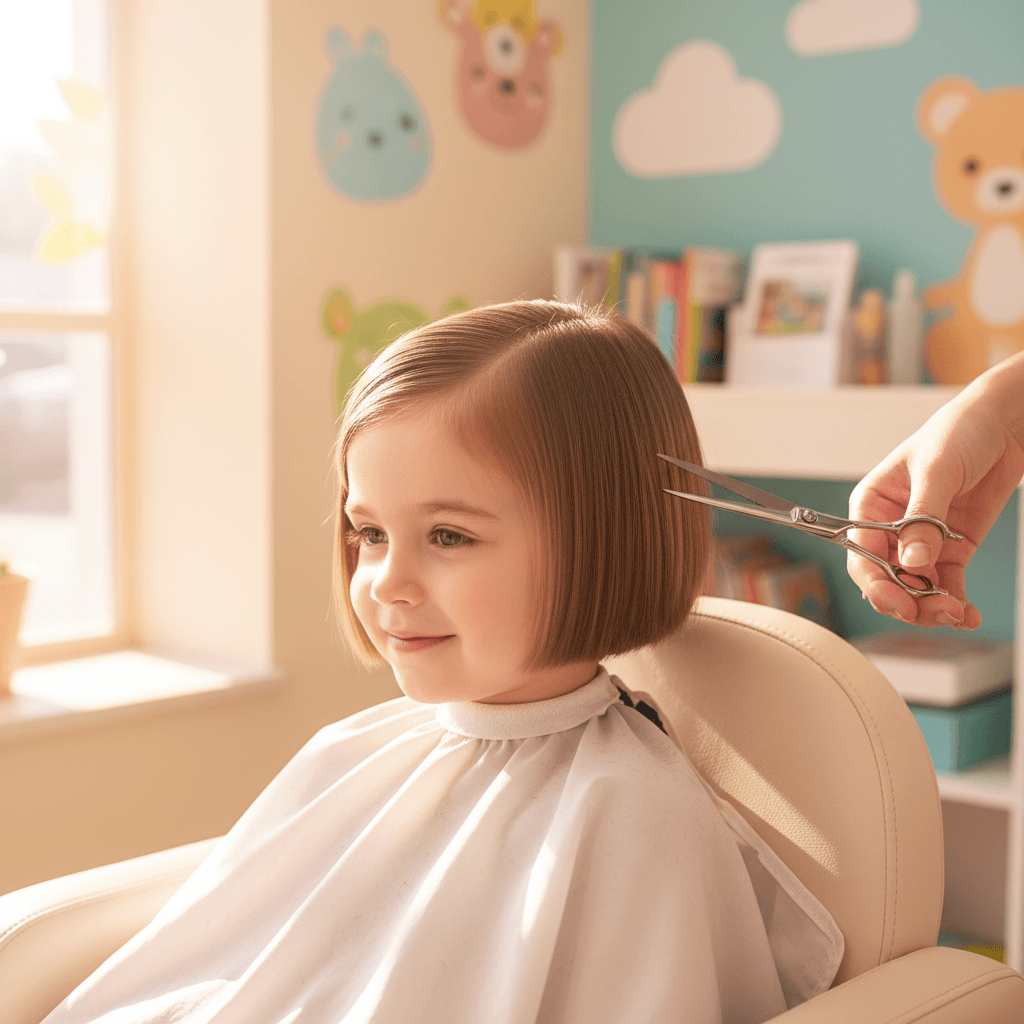 Child's neat haircut being finished at salon